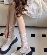 小花蕾丝袜子女夏季薄款玛丽珍米白色网纱堆堆，袜中筒袜甜美短筒袜