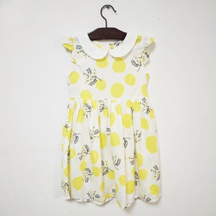 欧单白黄色柠檬图案春夏短袖娃娃领出游出外女童休闲连衣裙公主裙