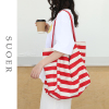 韩国ins慵懒风帆布包，女大容量条纹托特单肩包红色购物袋休闲大包