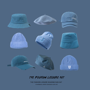 针织毛线帽男浅蓝色贝雷帽，秋冬季保暖软顶雾霾蓝棒球帽贝雷帽子女