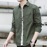 春季衬衫男长袖韩版修身商务，休闲纯棉寸衫男装，上衣军绿色长袖衬衣