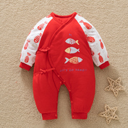 新生儿保暖哈衣冬季初生宝宝大红棉衣系带满月婴儿加厚夹棉连身衣