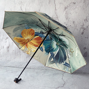 百盛洋伞女双面印花黑胶，双层不透光拱形三折防晒防紫外线遮阳伞