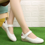 白色护士鞋牛筋底坡跟中跟镂空单鞋女真皮，鞋子女士皮鞋浅口工作鞋