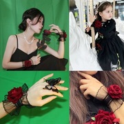 暗黑系lolita罗莉塔蕾丝手腕套手袖女酒红色玫瑰花礼服袖套