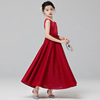 儿童红色礼服连衣裙女童无袖，v领背心公主长，裙子时尚长款演出服装