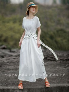 民族风时尚轻奢休闲斑点，标短袖连衣裙女夏季白色系带收腰大码长裙