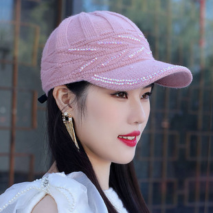 女士秋冬天棒球帽子韩版时尚水钻遮阳硬沿鸭舌帽圆顶显气质针织帽