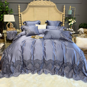 贡缎四件套法式蕾丝床上用品灰紫色床盖八件套精密丝棉