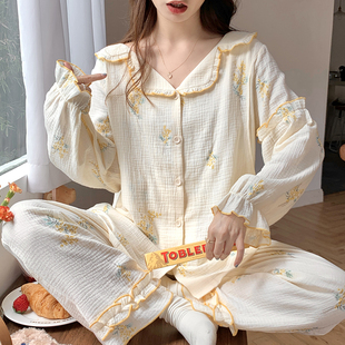 珈莹艾纯棉纱布月子服，夏薄款产后透气哺乳家居服春秋待产孕妇睡衣