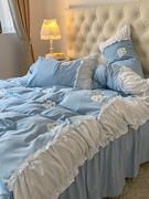 小白兔毛巾绣蓝色水洗棉被套四件套，公主风床单少女心宿舍床三件套