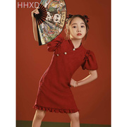 女童礼服中式旗袍红色高端中国风公主连衣裙小花童主持钢琴演出服