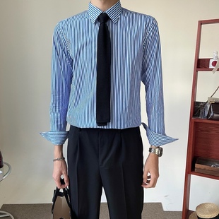CULZ 黑色条纹衬衫男长袖潮流韩版商务修身百搭蓝色条纹衬衣男