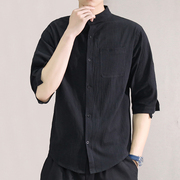 亚麻衬衫男夏季黑色休闲外套，立领中国风，棉麻男装痞帅男士短袖衬衣