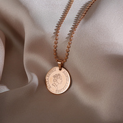 网红款毛衣链长款2023年韩国时尚，硬币金币项链高档钛钢玫瑰金