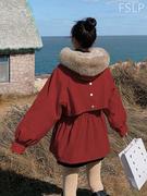 红色短款加厚派克服女小个子2022冬季宽松收腰设计感小众棉衣