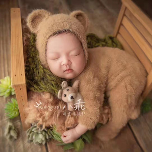 新生儿摄影服装婴儿拍照小熊，帽子连体衣宝宝月子，照相衣服影楼道具