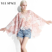 YUESPACE镂空蕾丝衫女士夏季罩衫斗篷透视宽松套头圆领防晒两件套