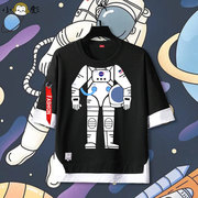 宇航员联名nasa太空假两件短袖t恤衫男女儿童装学生5五分袖半中袖