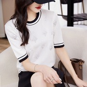 韩版时尚烫钻冰丝圆领T恤女士夏季显瘦拼色短袖薄款针织上衣