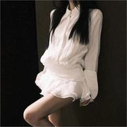白色衬衫连衣裙女秋冬性感浪漫V领气质修身显瘦荷叶边短裙子长袖