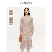 vgrass原创花型12mm真丝双绉连衣裙，24年春季v领显瘦气质裙子