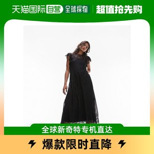 香港直邮潮奢 Topshop 女士 蕾丝花边短袖中长连衣裙(黑色)
