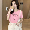 韩版通勤粉色短袖t恤女2024夏季蝴蝶结减龄上衣休闲纯棉体恤