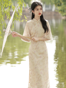 新中式改良少女提花旗袍，2023年夏季优雅气质温柔碎花，长款连衣裙