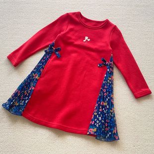 90-130码外贸春季日单女童拼接雪纺大红色，碎花长袖连衣裙