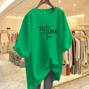 绿色短袖T恤女2024夏季字母印花宽松圆领中长款纯棉体恤上衣