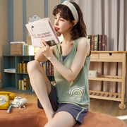 夏季睡衣女纯棉可爱无袖背心，韩版卡通两件套装，薄款夏天宽松家居服