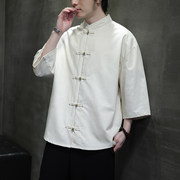 新中式国潮亚麻衬衫男七分袖衬衣夏季半截袖中国风复古唐装男