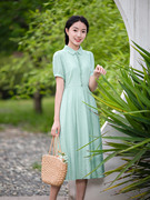 纻衣绿色泡泡袖衬衫领连衣裙2024夏装女清新文艺小众时尚长裙