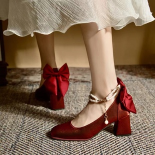 婚鞋秀禾婚纱两穿法式玛丽珍珍珠，蝴蝶结高跟鞋方头新娘酒(新娘酒)红色单鞋