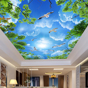 客厅卧室大型天顶3d壁纸吊顶天花板壁画，墙纸画房顶棚绿色风景树枝