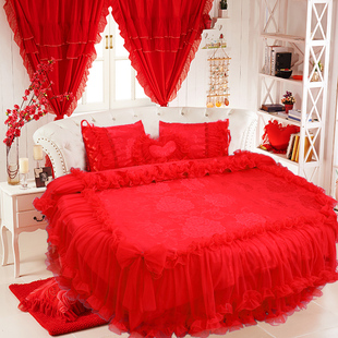 圆床四件套 大红色贡缎提花蕾丝4件套 公主婚庆新婚结婚圆床床品