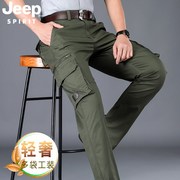 jeep吉普男士工装裤夏季薄款宽松直筒军，绿色多口袋春秋休闲长裤子