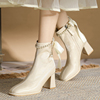 法式米白色方头短靴，粗跟缎面婚鞋高跟鞋2023秋冬加绒珍珠靴子