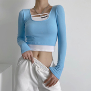夏季欧美心机设计胸前贴标一杠，拼接长袖短款t恤青春纯色女上衣