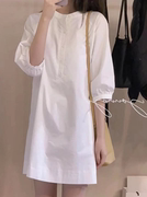 欧货简约白色衬衫连衣裙，女夏设计感小众小个子，气质圆领单排扣裙子