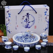 景德镇高档青花陶瓷功夫，茶具套装薄胎骨瓷，茶盘中式复古家用盒