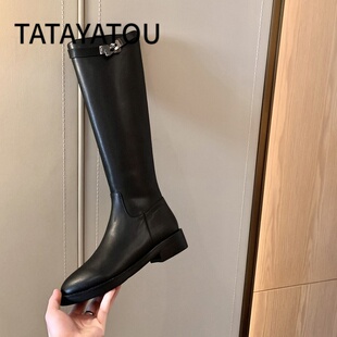 TATA YATOU他她丫头长靴女不过膝显瘦高筒靴子真皮粗跟西部骑士靴