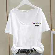 竹节棉2024夏季白色短袖T恤女夏V领显瘦纯棉体恤简约百搭上衣