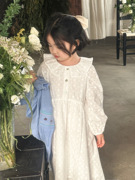 女童韩系甜美娃娃领收腰，长袖连衣裙2024春夏季薄款白色长裙子