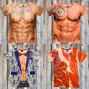 创意搞笑肌肉男t恤3d纹身，衣服立体图案，个性假68块腹胸肌短袖t恤潮