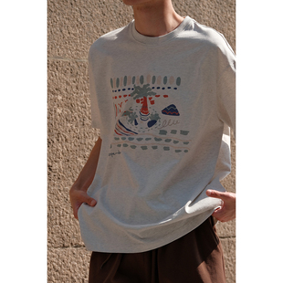 可乐生活自制夏季240g原创手绘海滩抽象喷绘宽松圆领短袖t恤男女