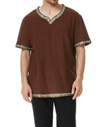 咖啡色民族图案印花短袖T恤男宽松特大码胖人夏季休闲显瘦打底衫