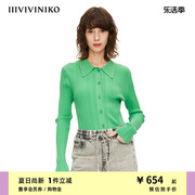 IIIVIVINIKO春夏绿色罗纹复古针织开衫女M220241606E