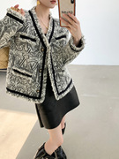 西西里设计2023法式羊毛西装上衣秋冬小香风外套复古撞色大衣